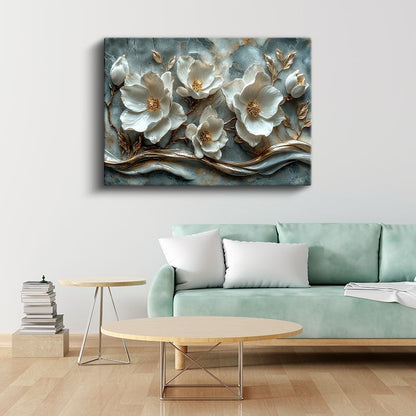 Beyaz Çiçekler - 3D Kabartma Görünümlü Altın Detaylı Kanvas Tablo