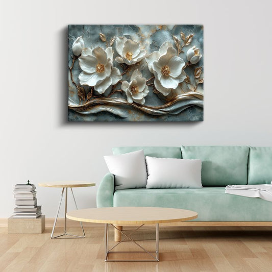 Beyaz Çiçekler - 3D Kabartma Görünümlü Altın Detaylı Kanvas Tablo