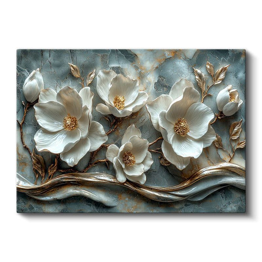 Beyaz Çiçekler - 3D Kabartma Görünümlü Altın Detaylı Kanvas Tablo