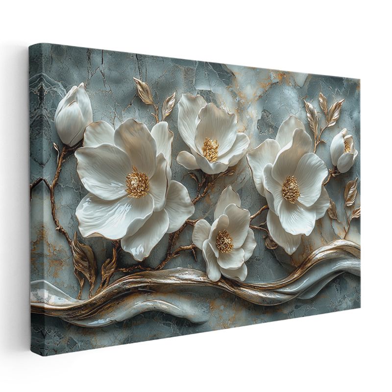 Beyaz Çiçekler - 3D Kabartma Görünümlü Altın Detaylı Kanvas Tablo