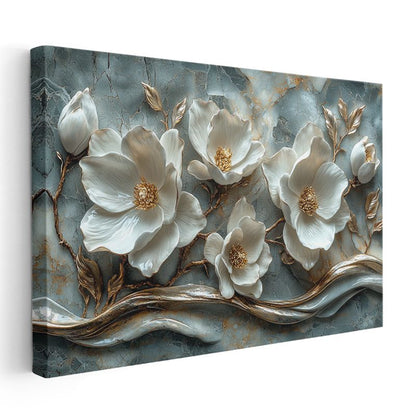 Beyaz Çiçekler - 3D Kabartma Görünümlü Altın Detaylı Kanvas Tablo
