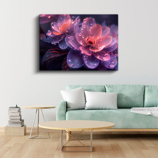 Pembe Çiçek - Dijital Sanat Su Damlacıklı Kanvas Tablo