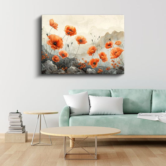 Turuncu Gelincikler - Dağ Manzaralı Yağlı Boya Kanvas Tablo