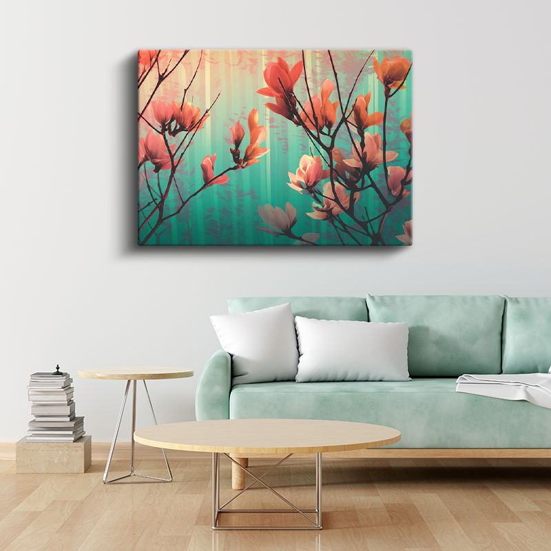 Manolya Dalları - Turkuaz Fonlu Sanatsal Kanvas Tablo