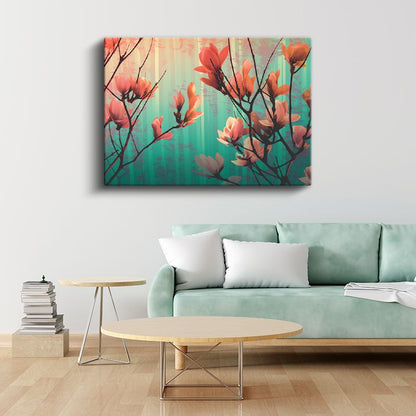 Manolya Dalları - Turkuaz Fonlu Sanatsal Kanvas Tablo