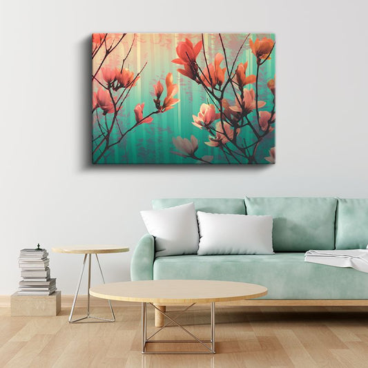 Manolya Dalları - Turkuaz Fonlu Sanatsal Kanvas Tablo