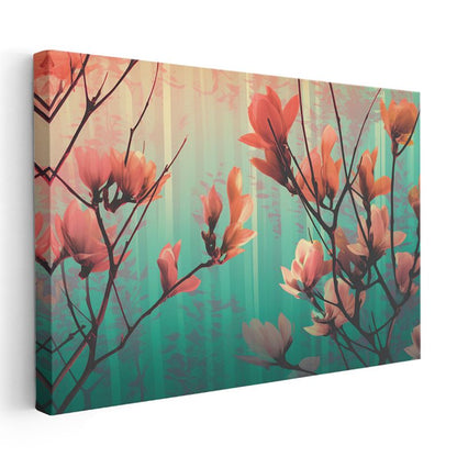 Manolya Dalları - Turkuaz Fonlu Sanatsal Kanvas Tablo
