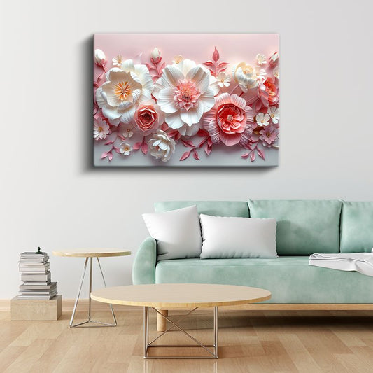 Kağıt Çiçekler - Pembe Beyaz Dekoratif Kanvas Tablo