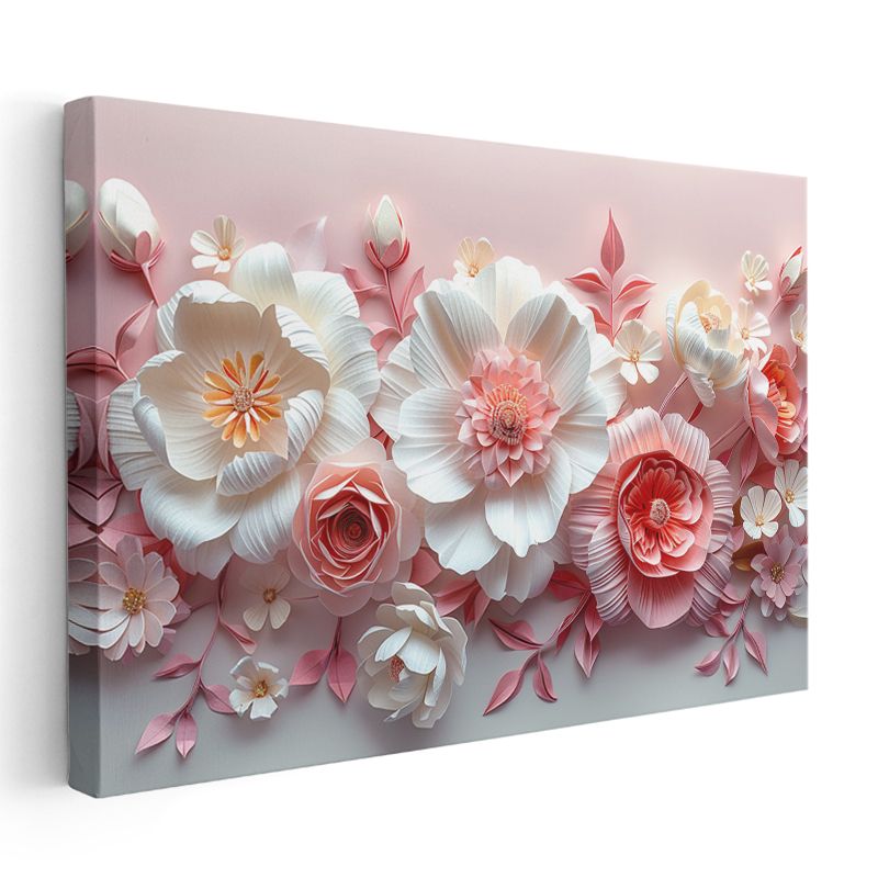 Kağıt Çiçekler - Pembe Beyaz Dekoratif Kanvas Tablo