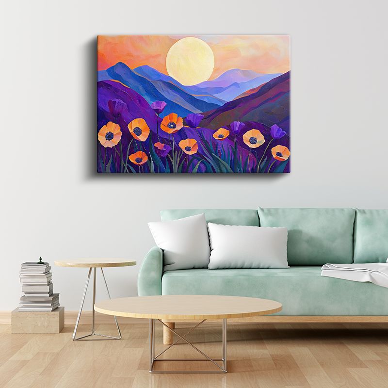 Dağ Manzarası - Gelincik Tarlalı Gün Batımı Kanvas Tablo