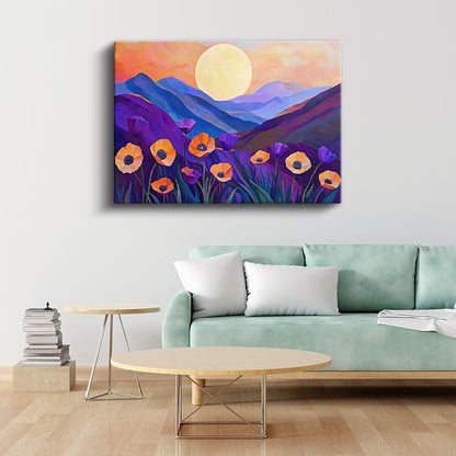 Dağ Manzarası - Gelincik Tarlalı Gün Batımı Kanvas Tablo