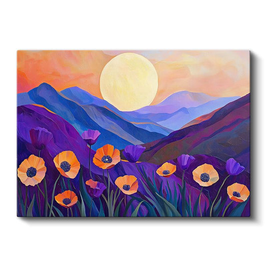 Dağ Manzarası - Gelincik Tarlalı Gün Batımı Kanvas Tablo