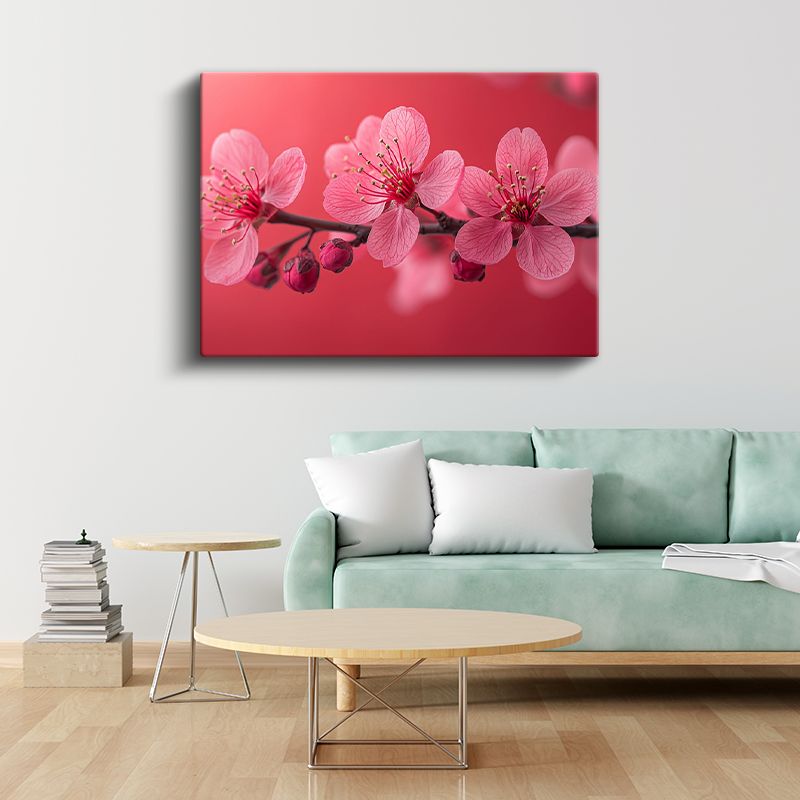 Pembe Çiçekler - Kırmızı Fonlu Bahar Dalı Kanvas Tablo