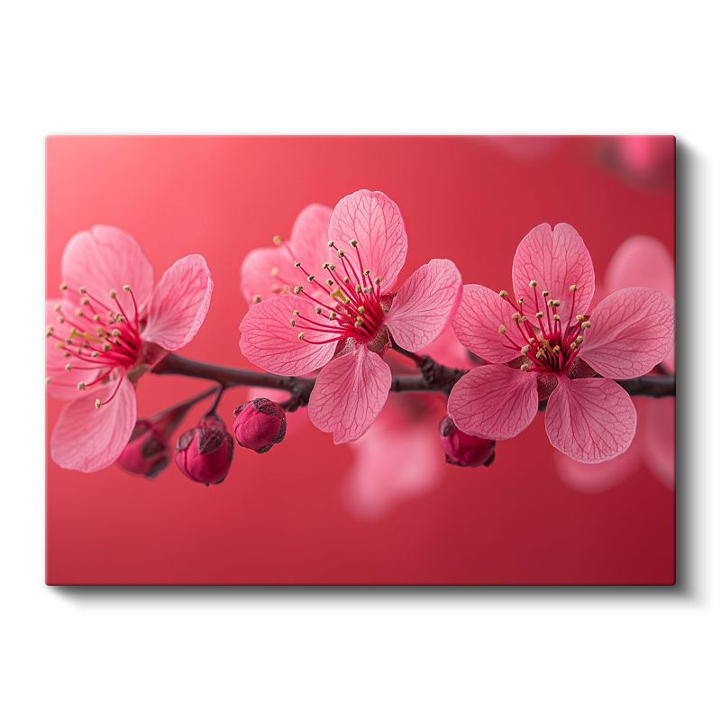 Pembe Çiçekler - Kırmızı Fonlu Bahar Dalı Kanvas Tablo