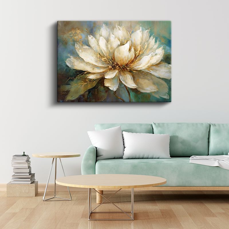 Beyaz Şakayık - Turkuaz Fonlu Yağlı Boya Kanvas Tablo