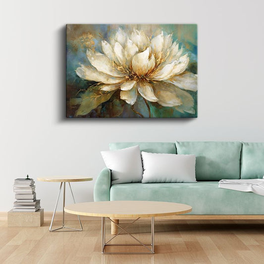 Beyaz Şakayık - Turkuaz Fonlu Yağlı Boya Kanvas Tablo