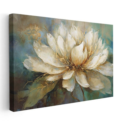 Beyaz Şakayık - Turkuaz Fonlu Yağlı Boya Kanvas Tablo