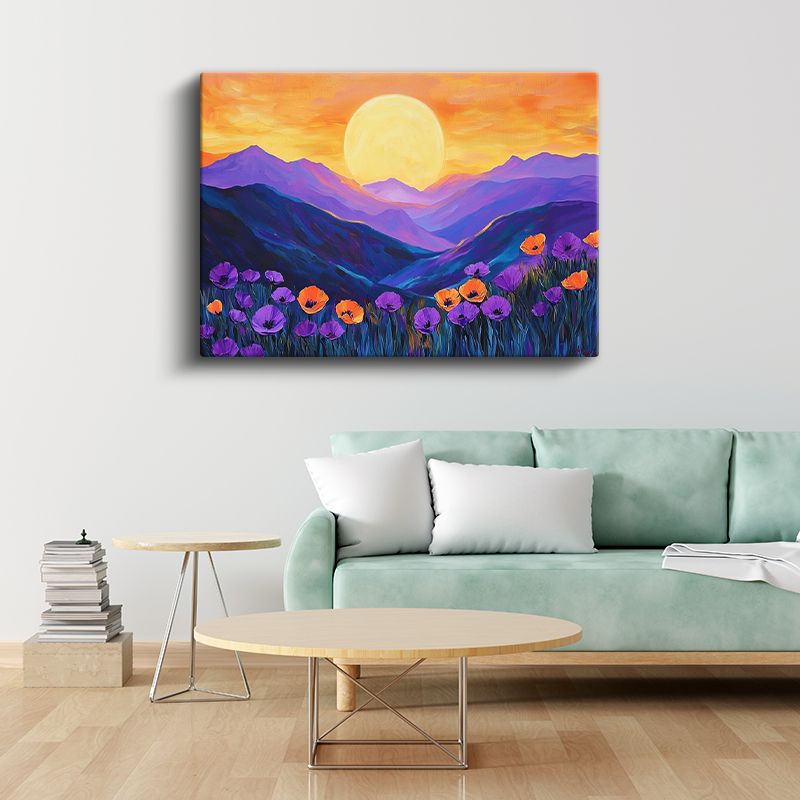 Dağ Manzarası - Mor Turuncu Gelincikli Kanvas Tablo