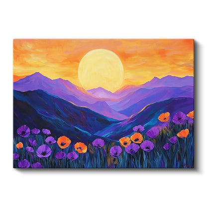 Dağ Manzarası - Mor Turuncu Gelincikli Kanvas Tablo