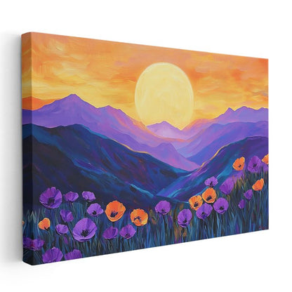 Dağ Manzarası - Mor Turuncu Gelincikli Kanvas Tablo