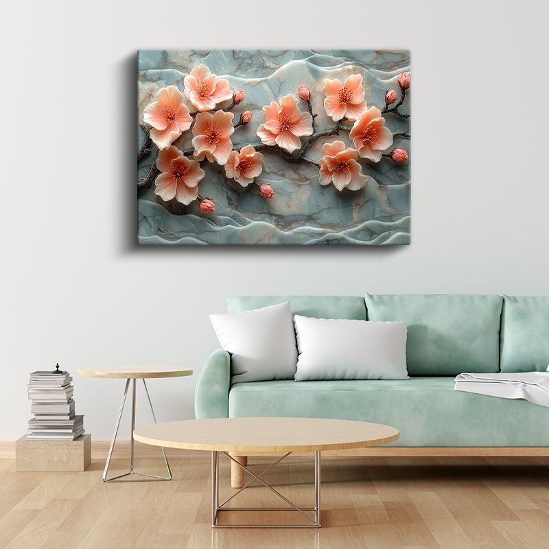 Şeftali Çiçekleri - Mermer Dokulu 3D Kanvas Tablo