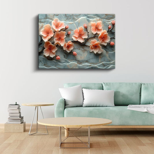 Şeftali Çiçekleri - Mermer Dokulu 3D Kanvas Tablo