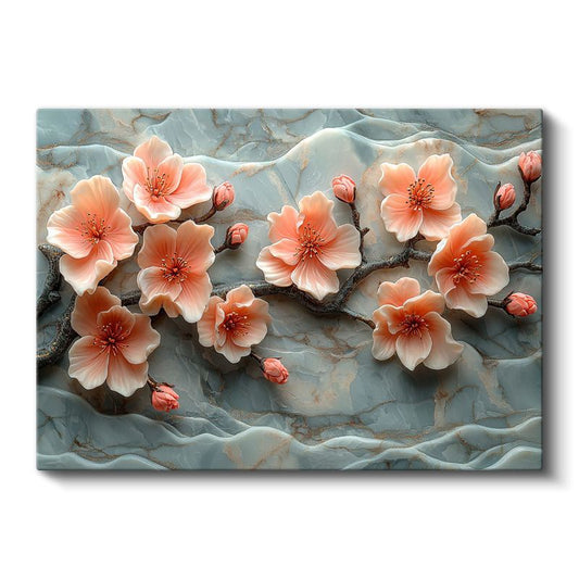 Şeftali Çiçekleri - Mermer Dokulu 3D Kanvas Tablo