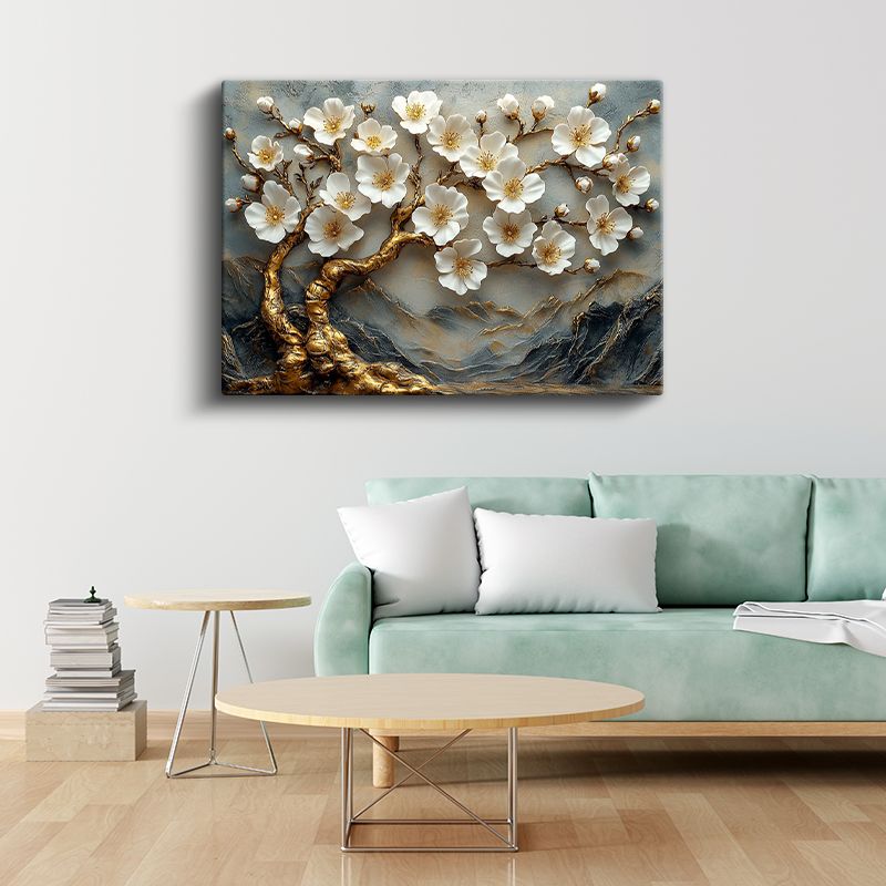 Beyaz Çiçekli Ağaç - Altın Gövdeli Kabartma Görünümlü Kanvas Tablo