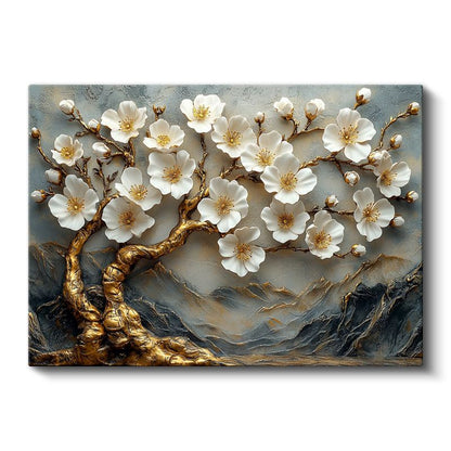 Beyaz Çiçekli Ağaç - Altın Gövdeli Kabartma Görünümlü Kanvas Tablo