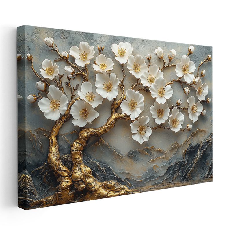 Beyaz Çiçekli Ağaç - Altın Gövdeli Kabartma Görünümlü Kanvas Tablo