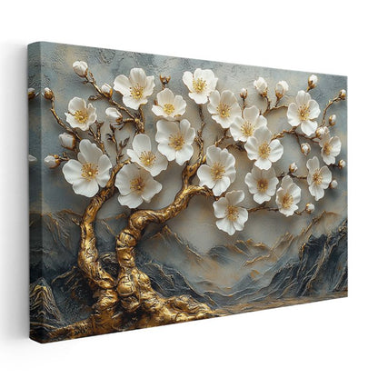 Beyaz Çiçekli Ağaç - Altın Gövdeli Kabartma Görünümlü Kanvas Tablo