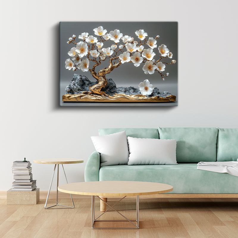 Beyaz Çiçekli Bonsai - Dekoratif Heykel Görünümlü Kanvas Tablo
