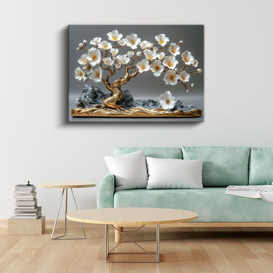 Beyaz Çiçekli Bonsai - Dekoratif Heykel Görünümlü Kanvas Tablo