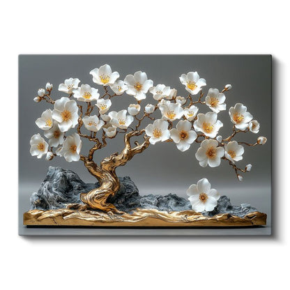 Beyaz Çiçekli Bonsai - Dekoratif Heykel Görünümlü Kanvas Tablo