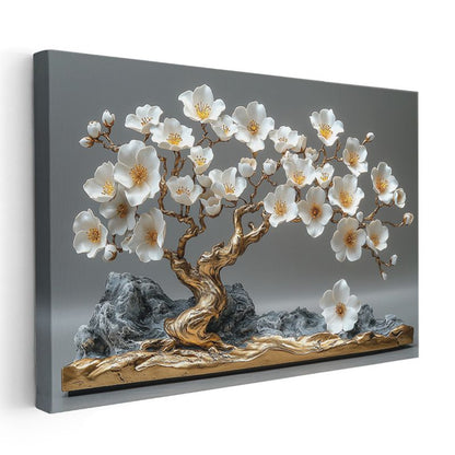 Beyaz Çiçekli Bonsai - Dekoratif Heykel Görünümlü Kanvas Tablo