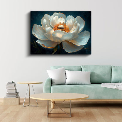 Beyaz Şakayık - Lacivert Fonlu Yağlı Boya Kanvas Tablo