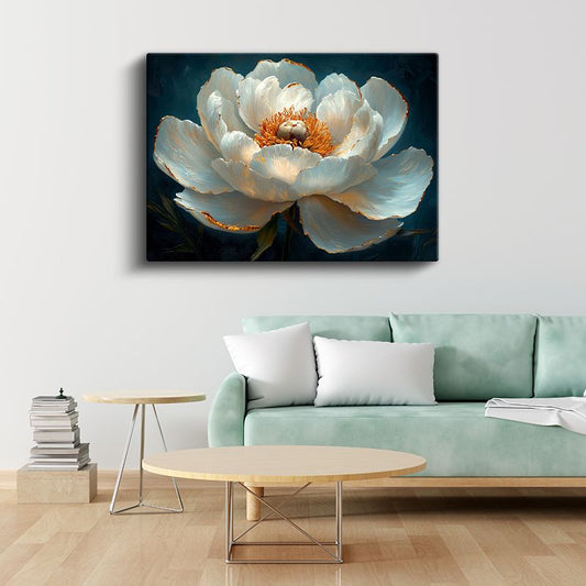 Beyaz Şakayık - Lacivert Fonlu Yağlı Boya Kanvas Tablo