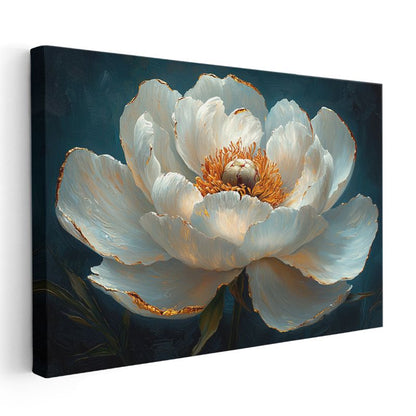 Beyaz Şakayık - Lacivert Fonlu Yağlı Boya Kanvas Tablo