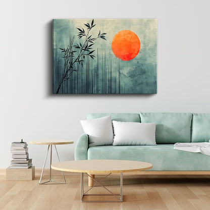 Bambu Dalları - Turuncu Güneş Eşliğinde Minimalist Tasarım Kanvas Tablo