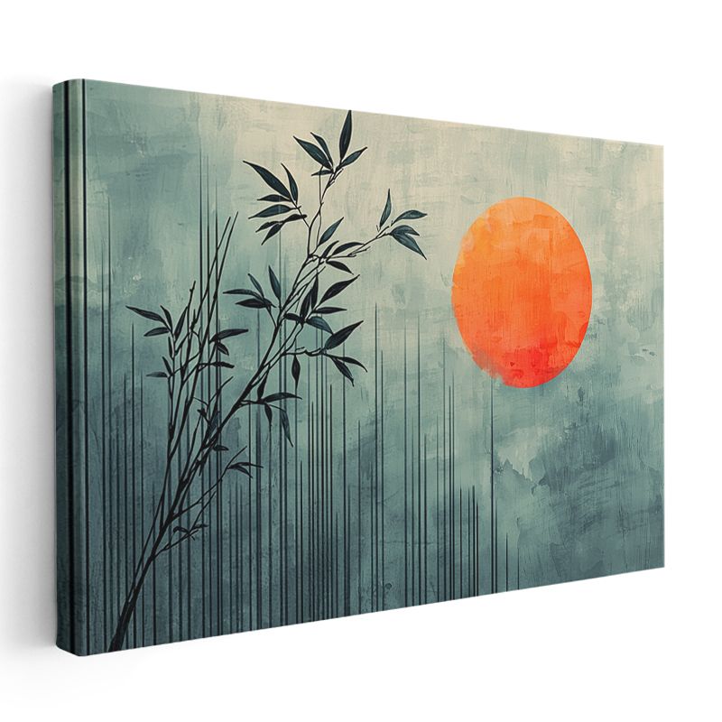 Bambu Dalları - Turuncu Güneş Eşliğinde Minimalist Tasarım Kanvas Tablo