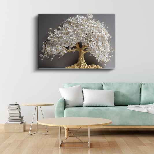 Altın Ağaç - Beyaz Çiçekli Lüks Dekoratif Sanat Kanvas Tablo
