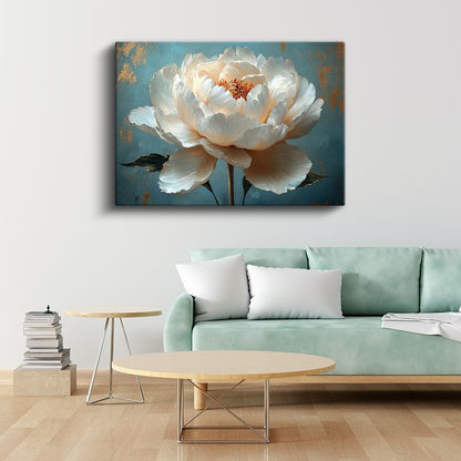 Beyaz Şakayık - Turkuaz Fonda Altın Detaylı Zarif Çiçek Kanvas Tablo
