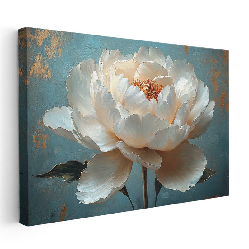 Beyaz Şakayık - Turkuaz Fonda Altın Detaylı Zarif Çiçek Kanvas Tablo