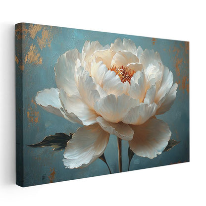 Beyaz Şakayık - Turkuaz Fonda Altın Detaylı Zarif Çiçek Kanvas Tablo