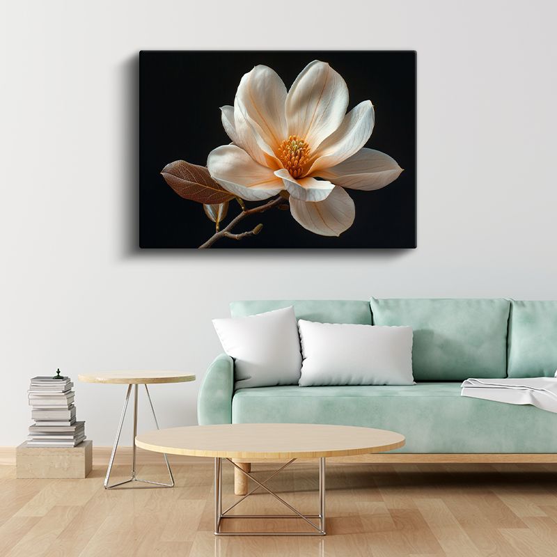 Magnolya Çiçeği - Siyah Zeminde Detaylı Botanik İllüstrasyon Kanvas Tablo