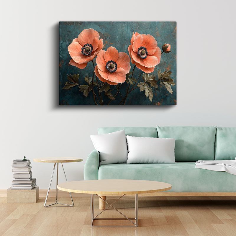 Mercan Gelincikler - Turkuaz Fonda Üçlü Çiçek Kompozisyonu Kanvas Tablo