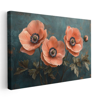 Mercan Gelincikler - Turkuaz Fonda Üçlü Çiçek Kompozisyonu Kanvas Tablo