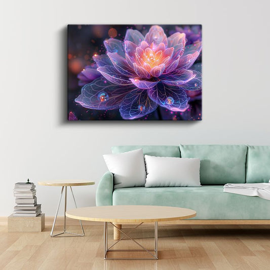 Işıklı Lotus - Mor Tonlarda Fantastik Çiçek İllüstrasyonu Kanvas Tablo