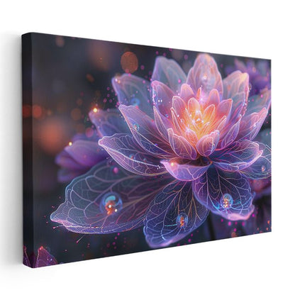 Işıklı Lotus - Mor Tonlarda Fantastik Çiçek İllüstrasyonu Kanvas Tablo