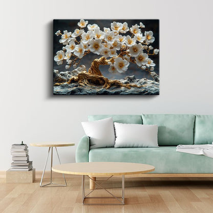 Altın Kiraz Çiçeği - Dekoratif Bonsai Ağacı Tasarımı Kanvas Tablo
